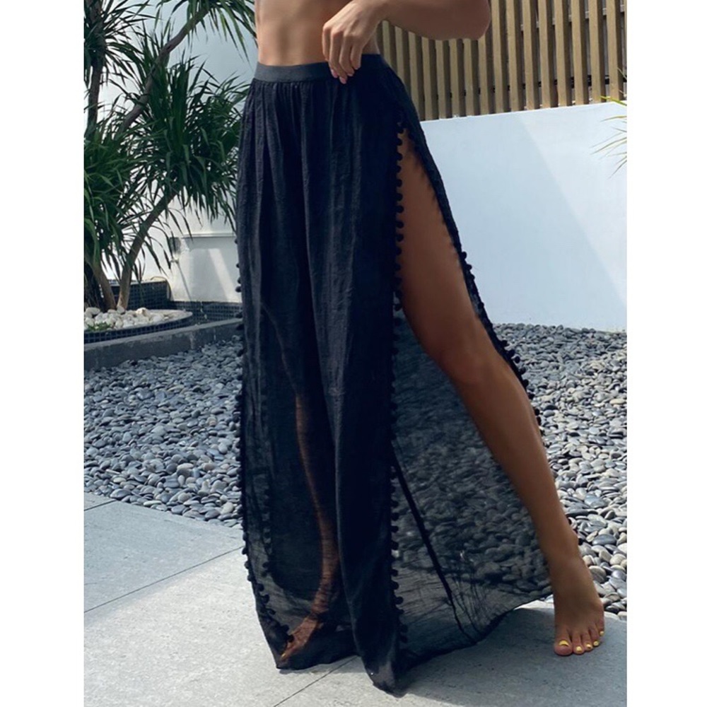 🖤 TALL BLACK POM POM SLIT HIGH WAIST BEACH PANTS!